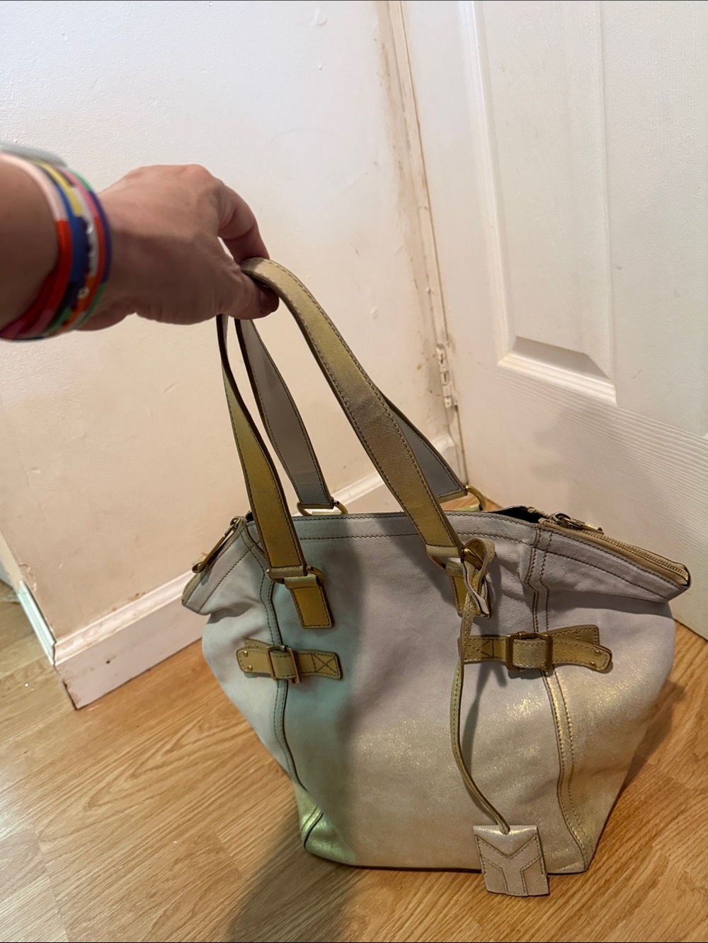 YSL Saint Laurent Downtown Leather Tote Shoulder Bag Gold Trim Off-White - Picture 2 of 13